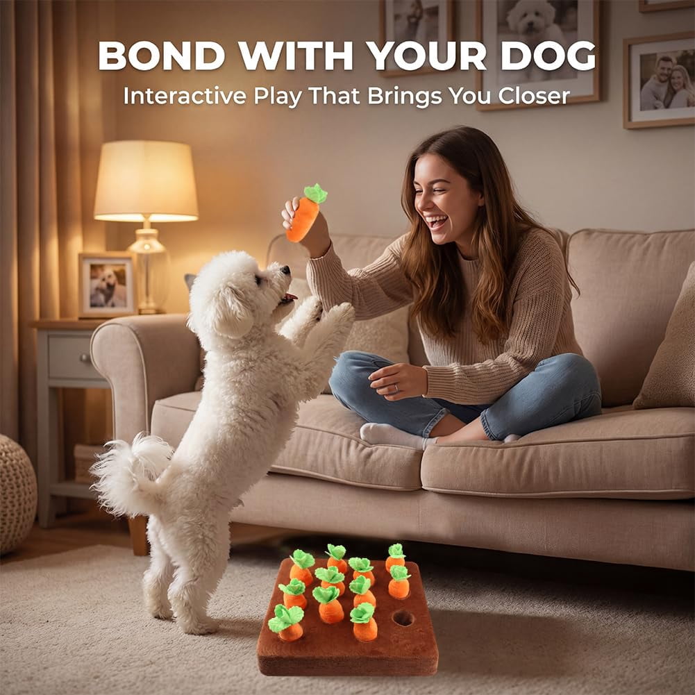 Carrot Dog Toys – Carrot Snuffle Mat for Dogs, Interactive Dog Plush Puzzle Toys 2 in 1 Fun Nosework Feed Games, Pet Stress Relief and Brain Training Foraging Skill with 12 Carrots
