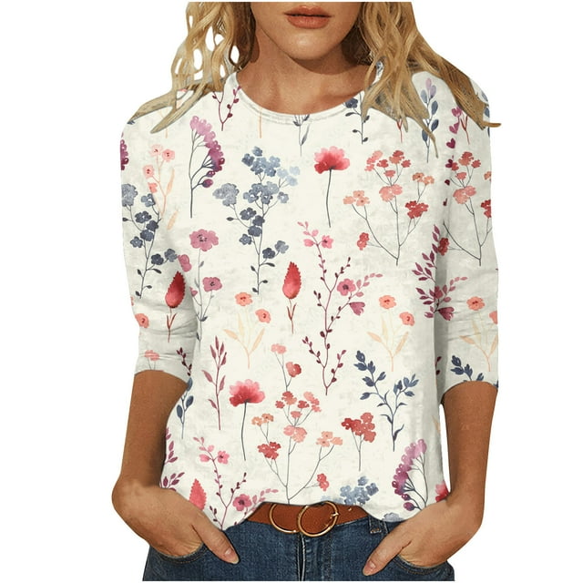 Staron Hauts pour Femmes Été Col Rond T-shirt à Imprimé Floral Manches 3/4 Décontracté Ample Hauts Tendance Été Basique Mignon T-Shirts
