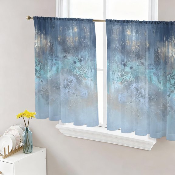 Blue Ombre Semi Sheer Curtains 45 Inch Length 2 Panels Set, Vintage Gradient Abstract Aesthetic Art Sheer Kitchen Curtain Privacy Voile Window Curtain for Living Room Bedroom Rod Pocket Drapes