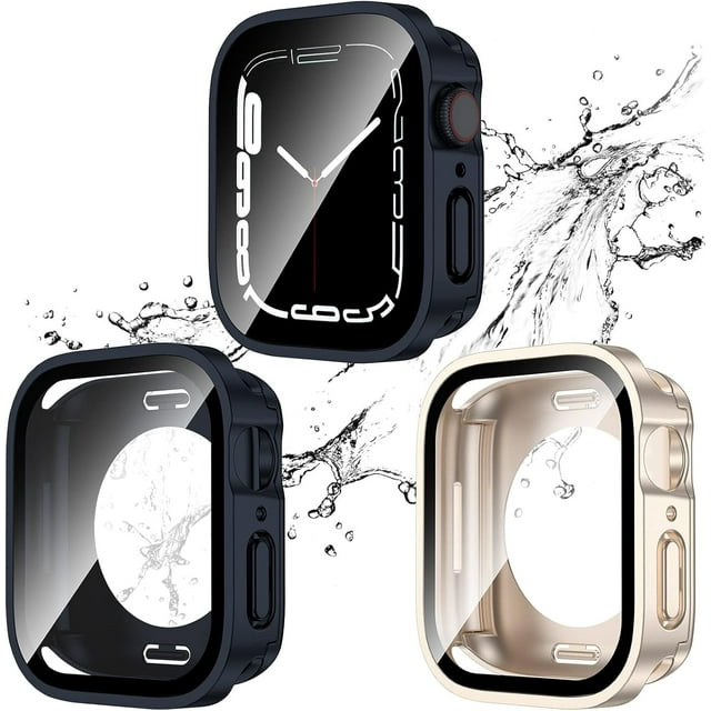 KOMI 2 Pack 2 in 1 Waterproof Case for Apple Watch Series 8 7 45mm, Straight Edge PC Front & Back Bumper with Tempered Glass Screen Protector 360 Protective Cover for iWatch 45mm, Midnight/Starlight