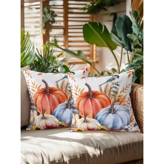 Outdoor Pillows Waterproof, Orange Blue Pumpkins Fall Bedding Throw Pillows with Insert for Couch Sofa Bed, Thanksgiving Sunflower Birds Autumn 18x18 Inch Pillowcases Decorative Patio Pillow Set of 2