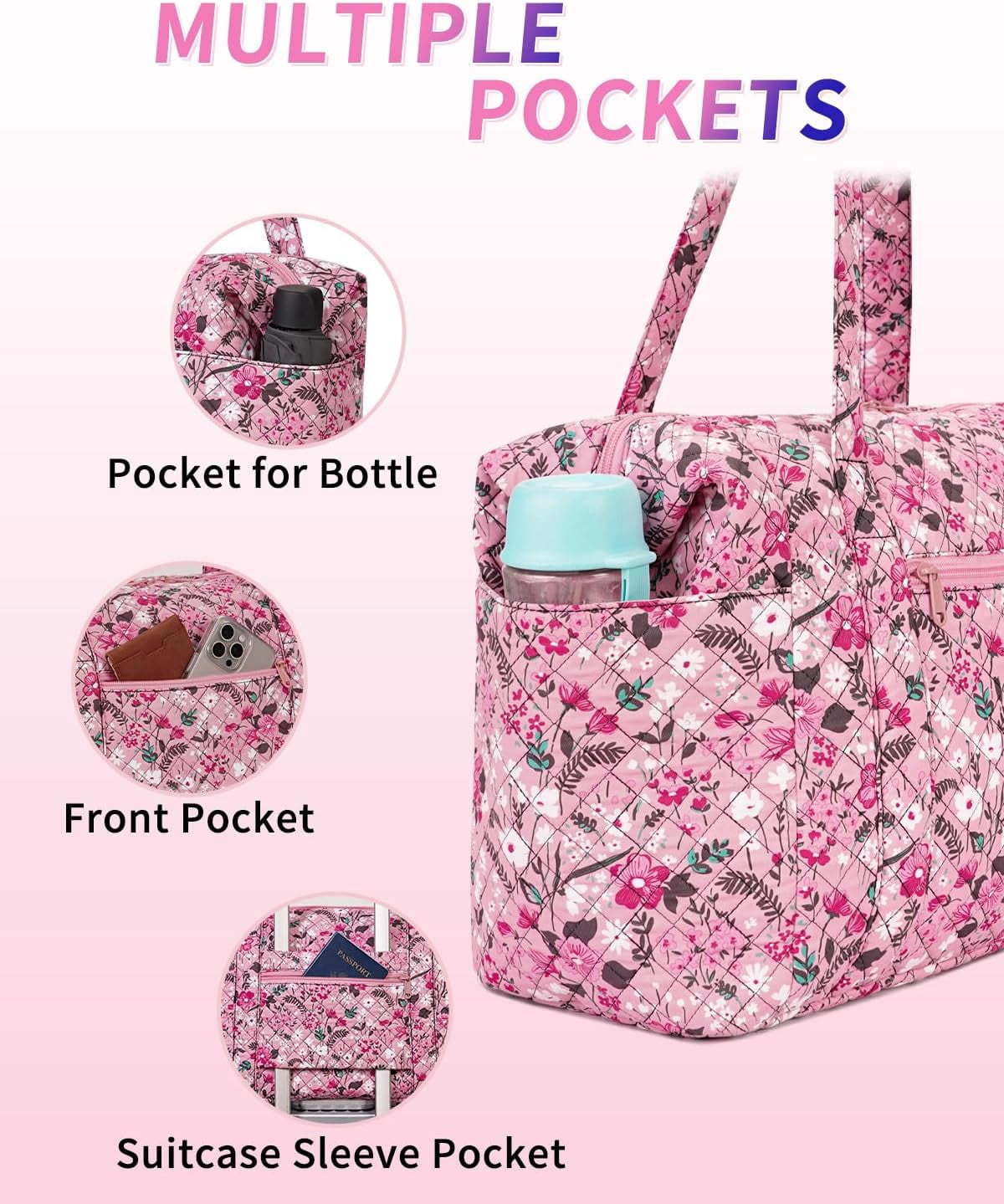 WANDF Travel Duffel Bags with Shoe Bag,Airline Approved Personal Item Bag for Women with Wet Pocket,Trolley Sleeve,Quilted Overnight Weekender Bag for Camping Gym Beach(Pink,Flower)