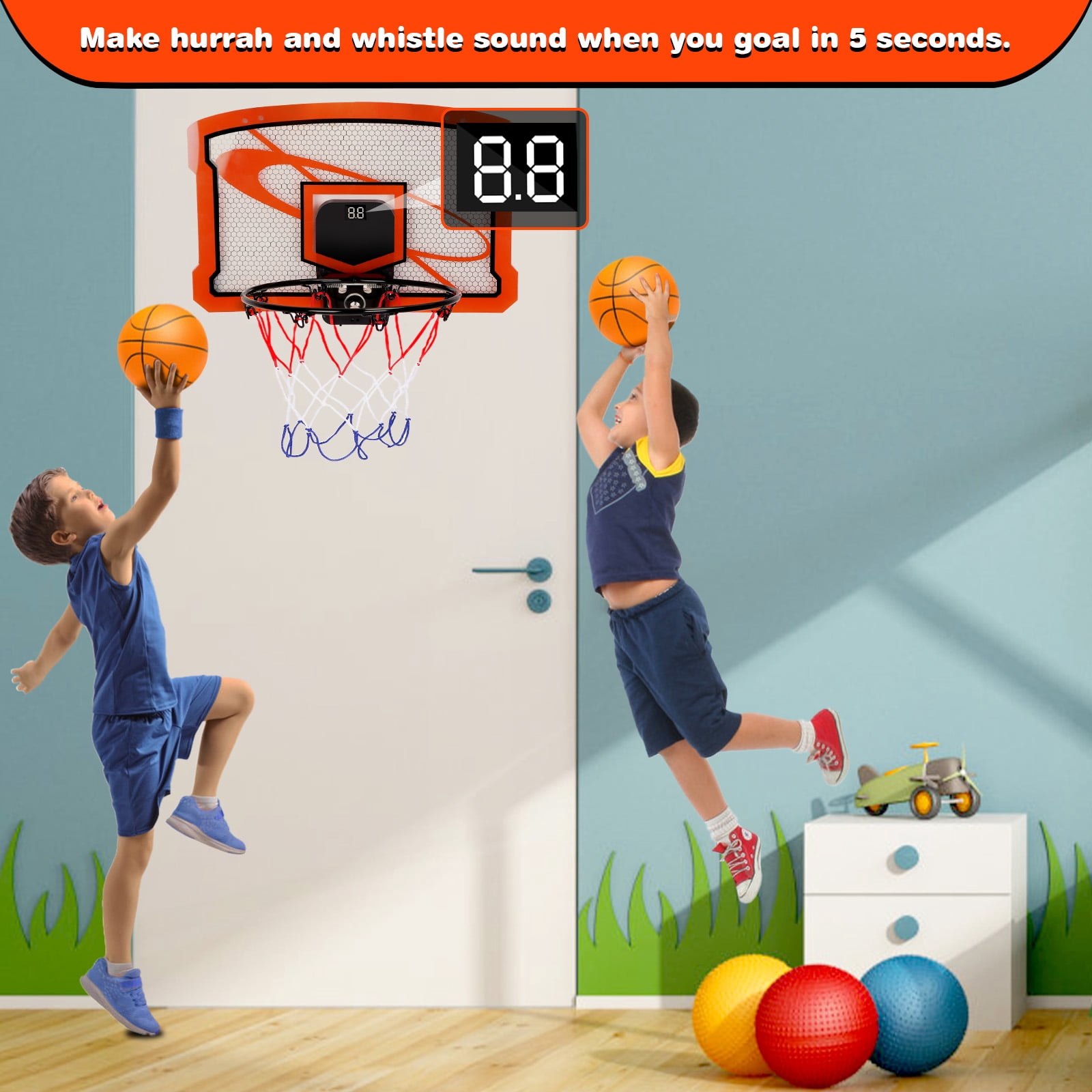 iMounTEK 15.74" X 9.64" Basketball Hoop Interactive Indoor Basketball Toys for Kids, Mini Basketball Hoop for Door with 4 Balls