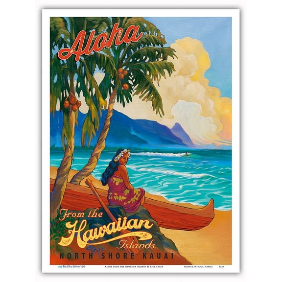 Aloha From the Hawaiian Islands - North Shore Kauai Hawaii - Vintage Hawaiian Travel Poster by Rick Sharp - Master Art Print (Unframed) 9in x 12in