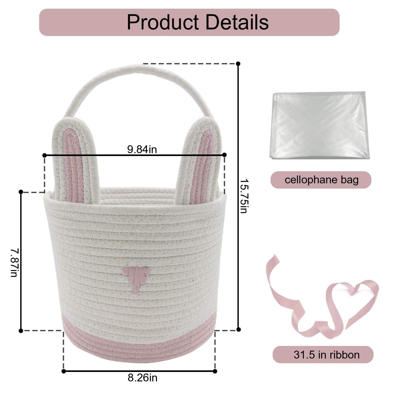 Large Woven Easter Baskets for Girls & Kids - Empty Basket with Gift Bags and Ribbons Cute Easter Decorations Bunny Ears Designs (Pink)