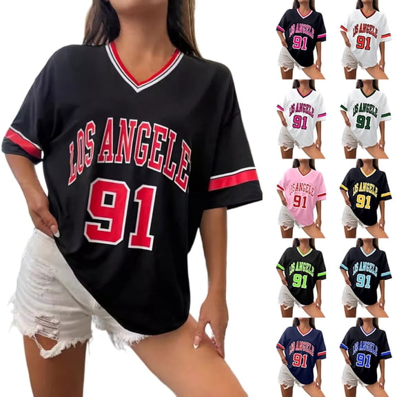 Shirts for Women Y2K Streetwear Oversized T Shirt Number Graphic Tee Short Sleeve V Neck Pink Tops L