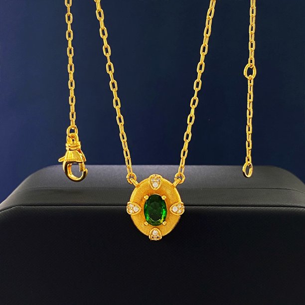 Collar cepillado estilo palacio vintage para mujer, colgante de rubí azul esmeralda ovalado, cadena para clavícula