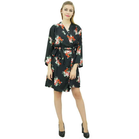 Bimba Women's Floral Printed Georgette Bridesmaid Robe Black Coverup Wrap-18