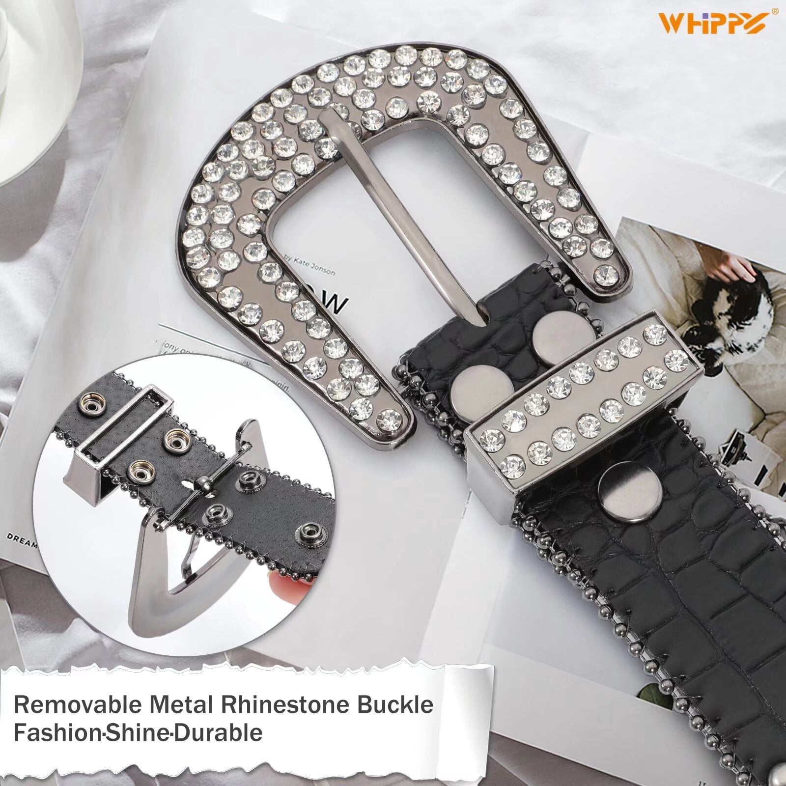 WHIPPY Women Men Rhinestone Studded Leather Belt, Western Cowgirl