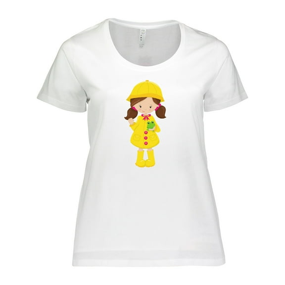 Inktastic Girl With Brown Hair, Yellow Raincoat, Frog Women's Plus Size T-Shirt