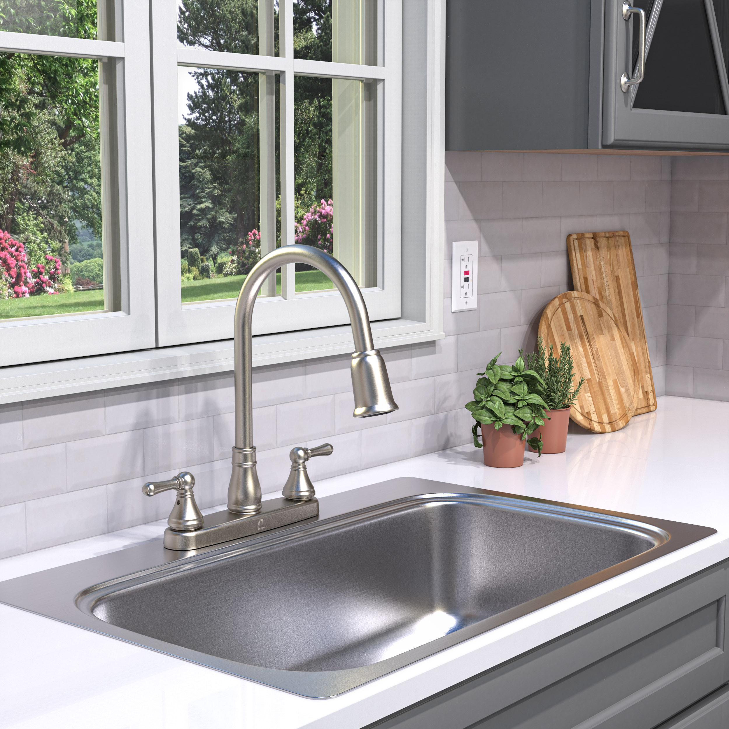 Belanger Non-Metallic 2-Handle Centerset Pull-Down Kitchen Faucet with 59" Hose, Brushed Nickel