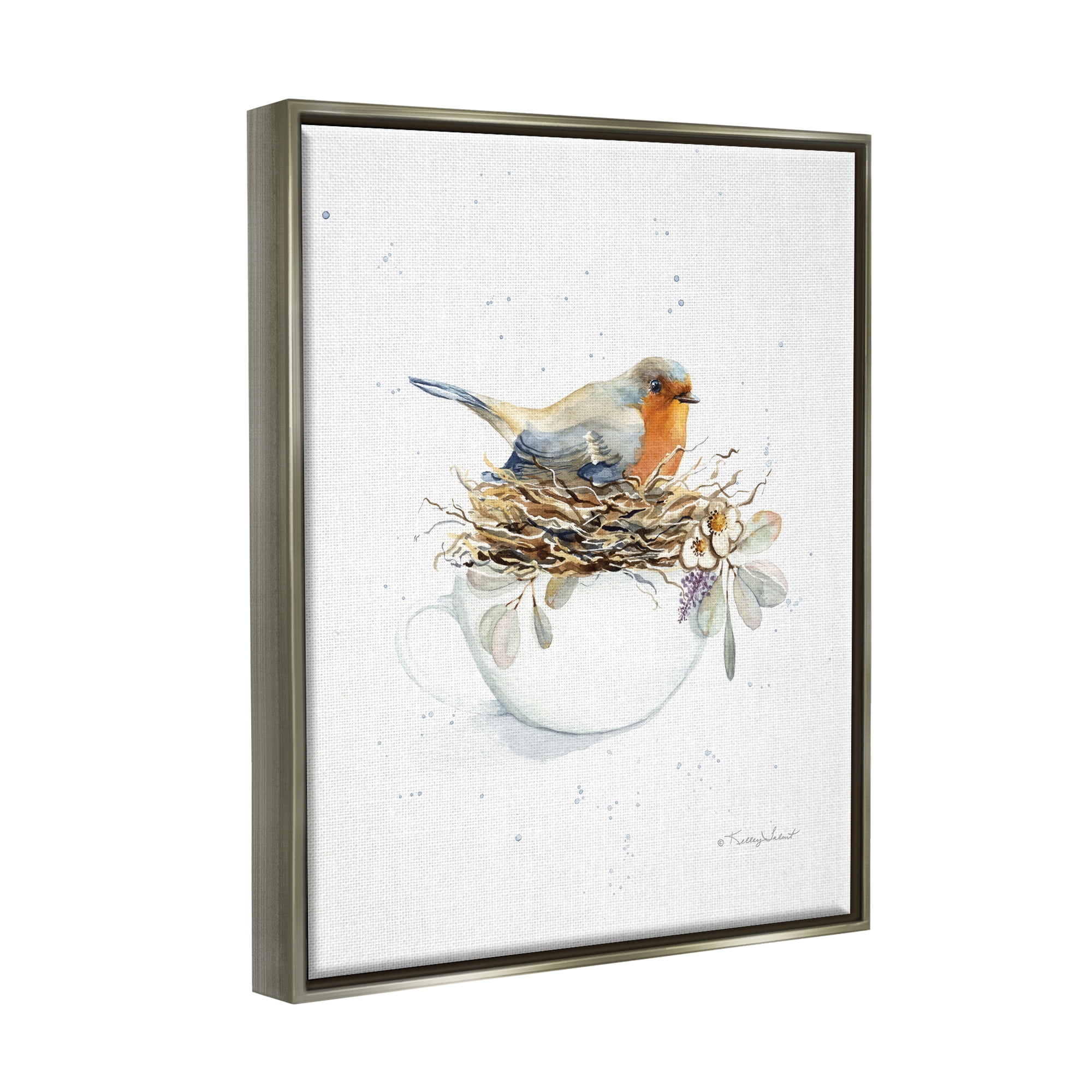 Stupell Industries Bird in Coffee Mug Nest Animals & Insects Painting Gray Floater Framed Art Print Wall Art, 17 x 21
