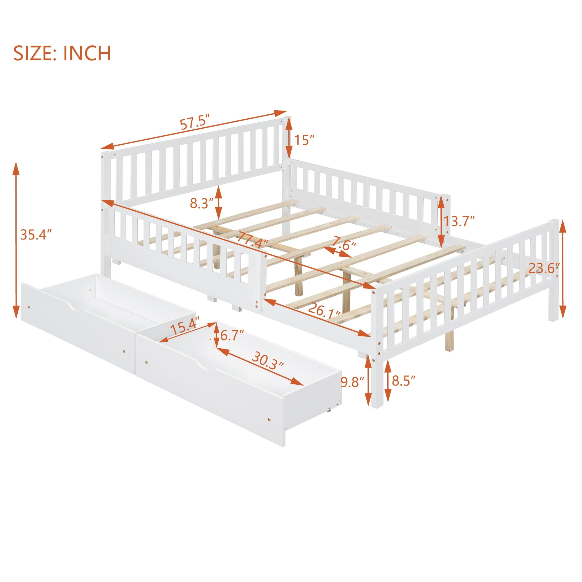 Bellemave Full Bed with Storage Drawers and Fence Rails, Wood Platform Beds Frame with Headboard, Full Size Storage Bed for Kids Boys Girls Teens（White)