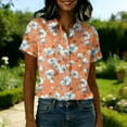 thumbnail image 4 of Women Hawaiian Beach Shirt Soft Cool Tropic Print Short Sleeve V Neck Button Down Vacation Tops Orange 2XL, 4 of 5