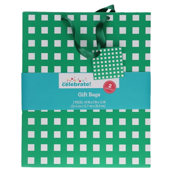 Large Green and White Checkered Paper Gift Bags, 10" x 5" x 12", 2 Count, by Way To Celebrate