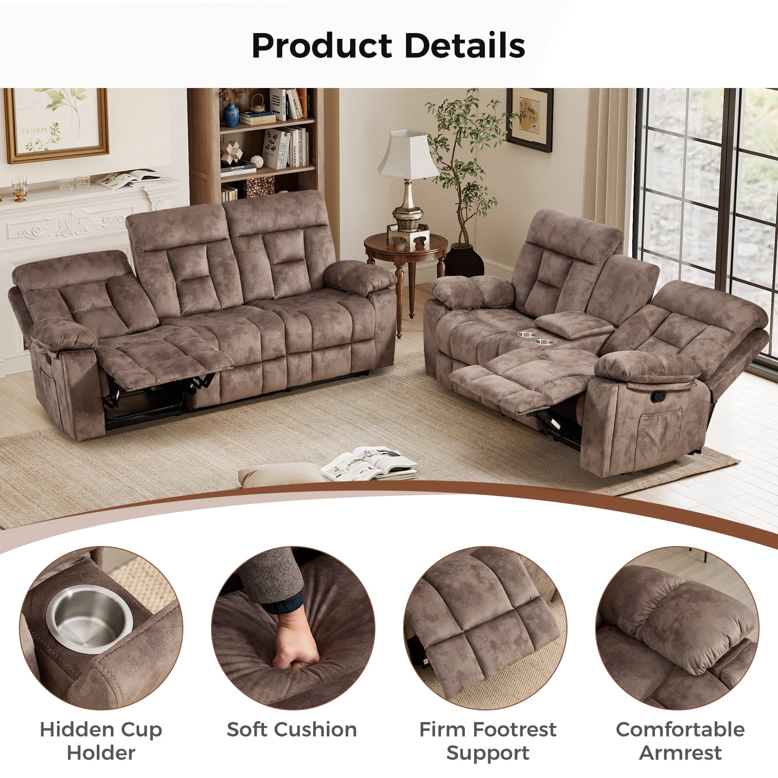 Bonzy Home 2-Piece Recliner Sofa Set — Reclining Loveseat & Extra-Wide 3-Seat Bonded Fabric Sofa, Camel