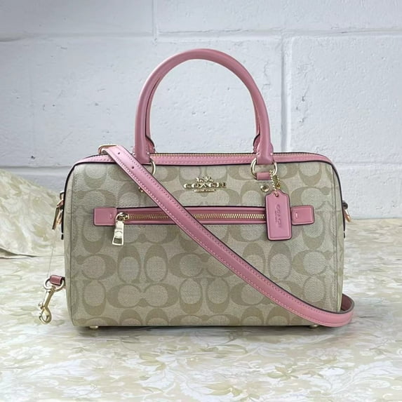 Coach 83607 Rowan Satchel In Signature Canvas Light Khaki/Bubblegum