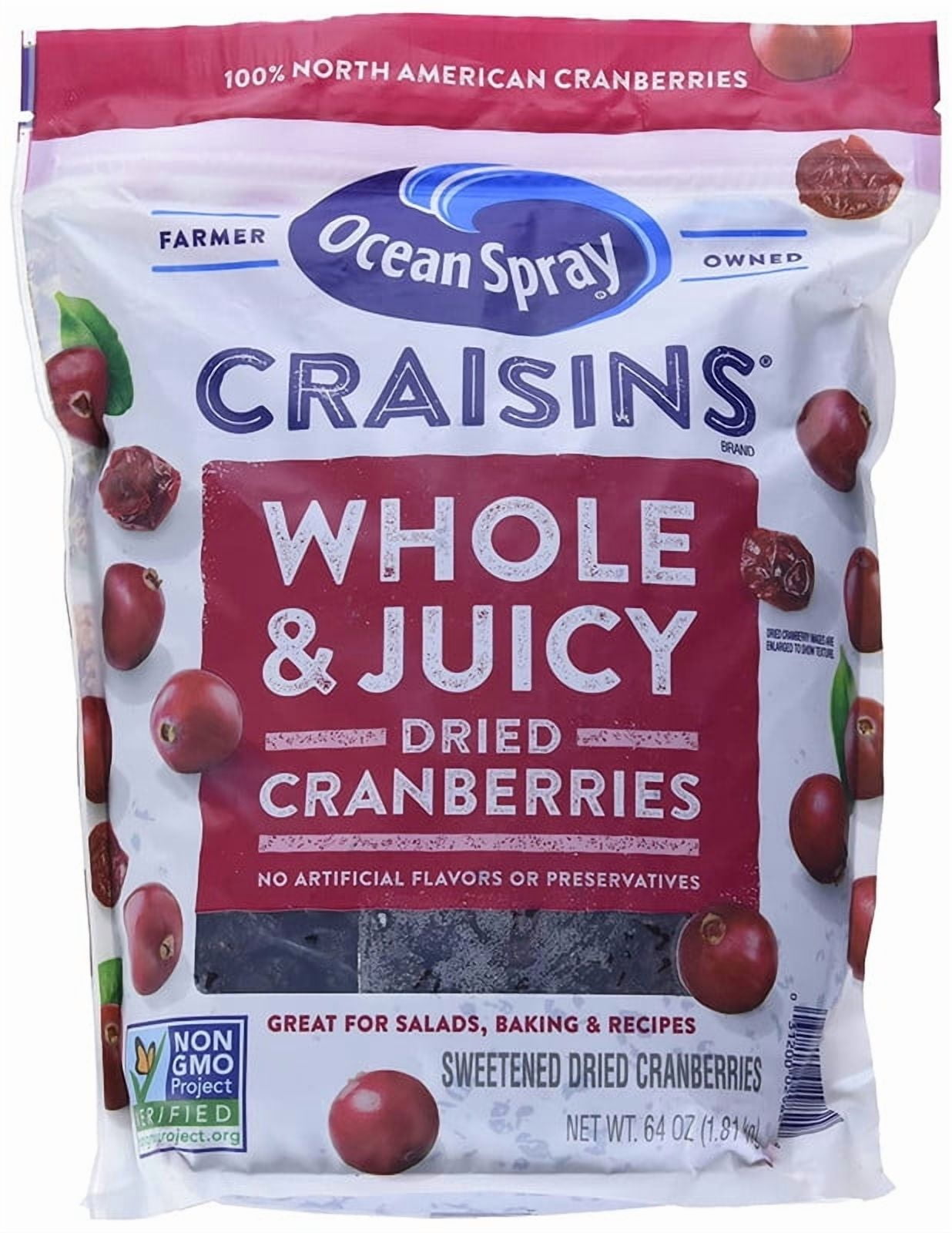 Ocean Spray Craisins Whole Dried Cranberries, 64 oz each bag. Pack of 2 bags.