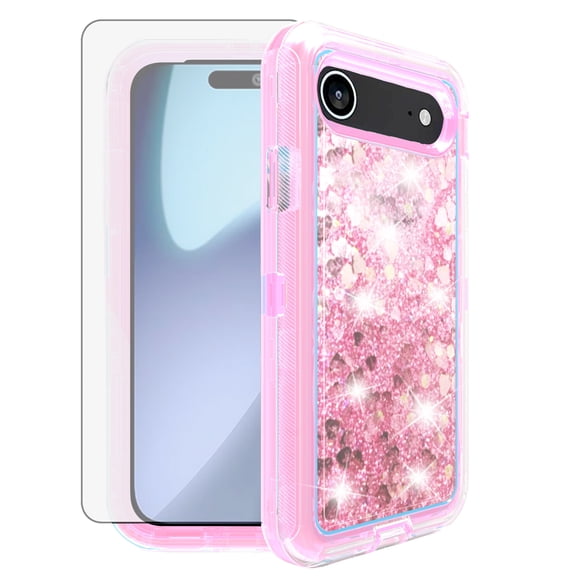Asuwish Phone Case For iPhone 17 Air 6.5 inch Tempered Glass Screen Protector Bling Liquid Clear Hybrid Shockproof Military Grade Protective Heavy Duty Cell Cover i Phone17 i17 17Air Women Girls Pink