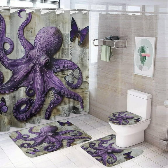 Vintage Wildlife Octopus Butterfly 4 Pcs Shower Curtain Sets for Bathroom,Rustic 70s Nautical Old Paper Octopus Bathroom Sets Non-Slip Rugs Toilet Lid Cover Bath Mat 12 Hooks