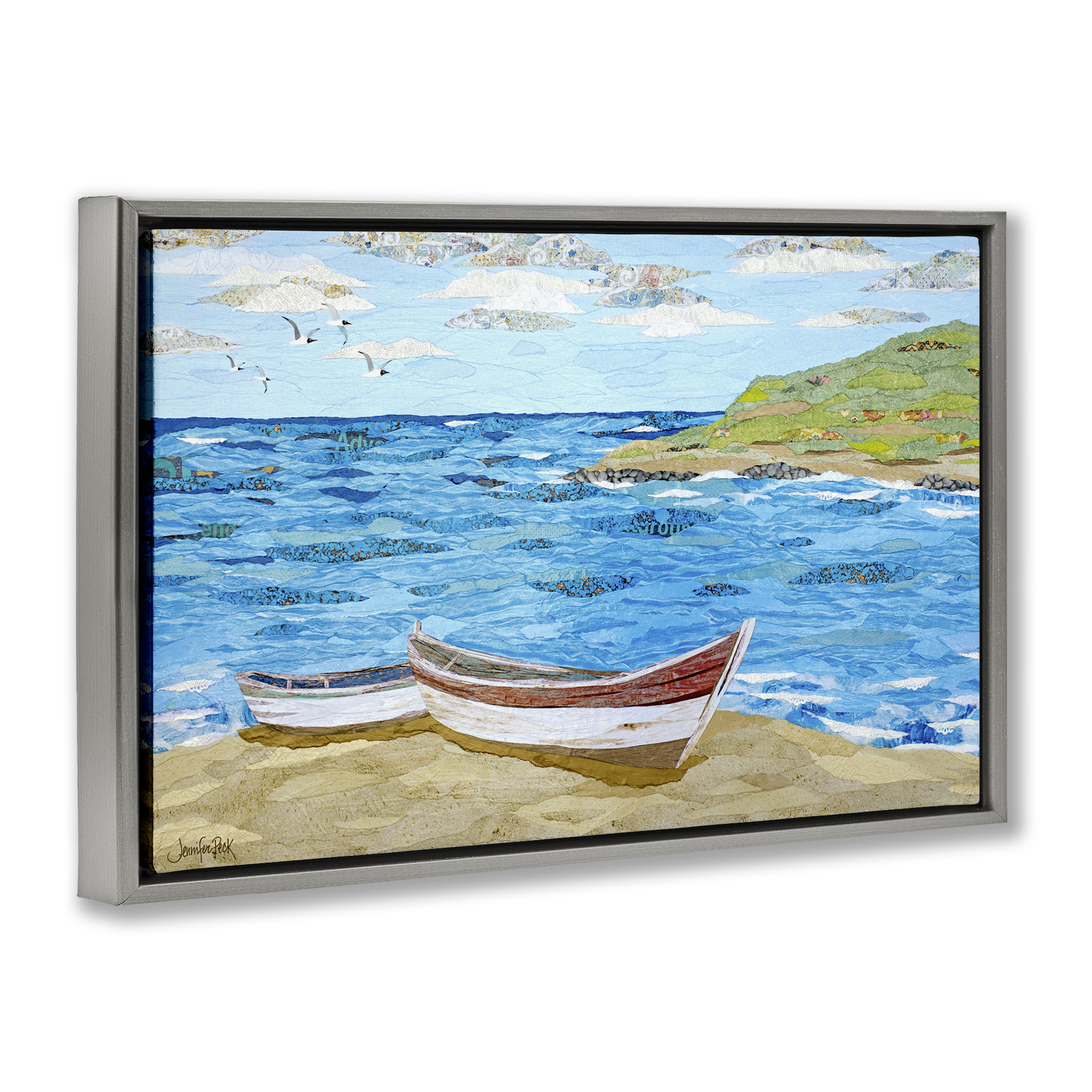 Stupell Industries Mykonos Docked Boat Landscape Painting Gray Floater Framed Canvas Art Print Wall Art, 25 x 17