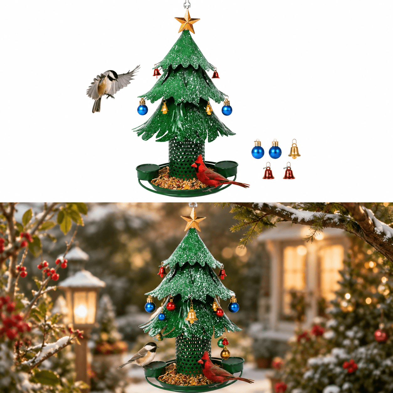 Christmas Tree Bird Feeder, Metal Outdoor Bird Feeder with Christmas Tree Style, Hanging Wild Bird Feeder for Cardinals Finches and More, Festive Garden Decor and Bird Watching Gift