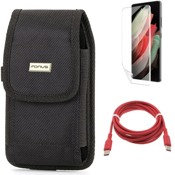 Case Belt Clip & Red 6ft Long Cable & Matte Screen Protector for Samsung Galaxy S22 Plus (S22 ) - Combo Rugged Holster & USB-C to Type-C PD Fast Charger Cord & TPU Film Anti-Glare