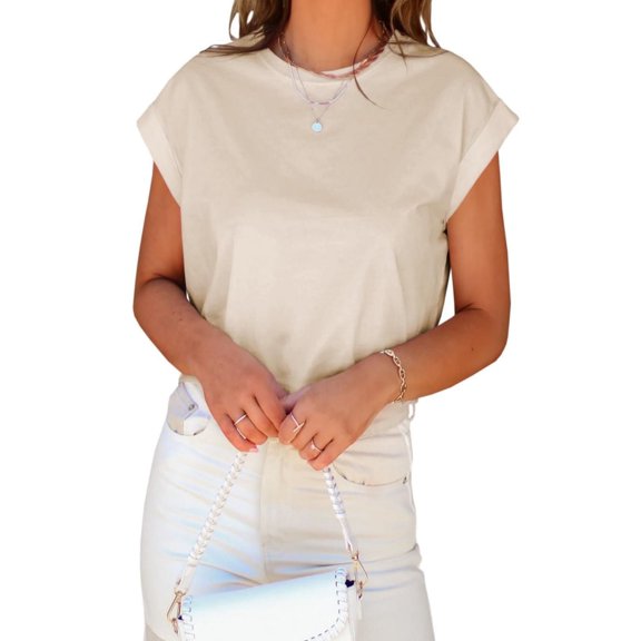 Womens Short Sleeve T-Shirts Round Neck Rolled Dolman Sleeve Tops Solid Casual Cropped Tees
