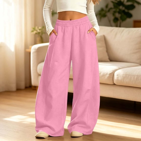LOINRODI Girls Wide Leg Sweatpants, Loose Fit Side Pockets Solid Color Elastic Waist Casual Kids Baggy Trousers Pink Size 7-8