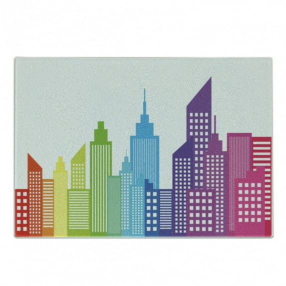 City Cutting Board, Colorful City Skyline Abstract Skyscraper Silhouettes Geometric Arrangement American, Decorative Tempered Glass Cutting and Serving Board, Small Size, Multicolor, by Ambesonne