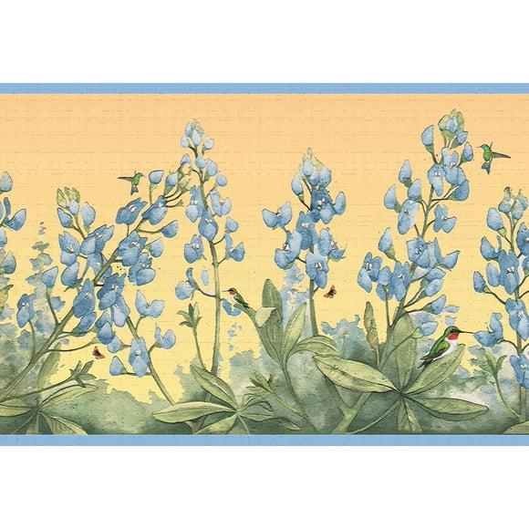 Dundee Deco's Peel and Stick Wallpaper Border - Nature Blue Green Orange Flowers and Birds Wall Border Retro Design, 15 ft x 7 in (4.57m x 17.78cm), Self Adhesive