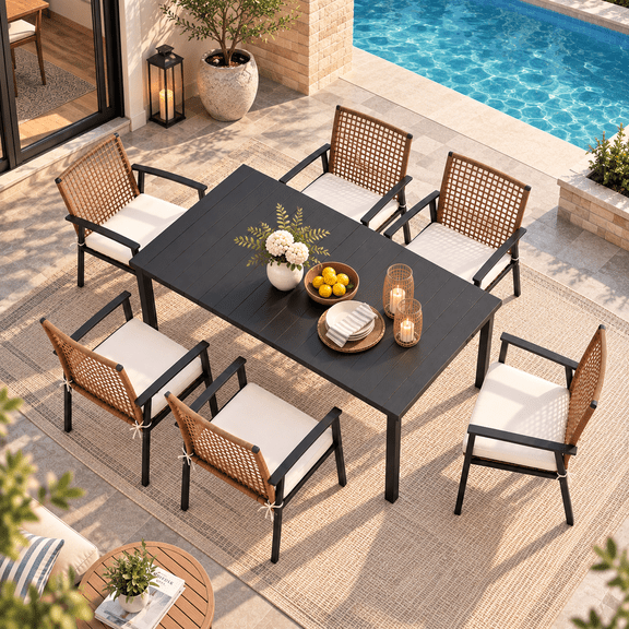 LAUSAINT HOME 7-Piece Outdoor Patio Dining Set,6 Rattan Chair and Rectangular Dining Table, All-Weather Furniture for Garden or Backyard