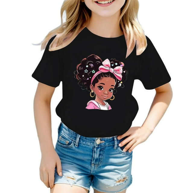 HNMKIU T-Shirt Graphique Décontracté Tendance pour Filles Manches Courtes Col Rond Haut d'Été pour Enfants Usage Quotidien à la Mode