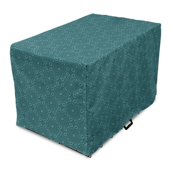 Antique Oriental Dog Crate Cover, Repetitive Dark Tone Flower Inspired Mandala Illustration, Easy to Use Pet Kennel Cover Small Dogs Puppies Kittens, 7 Sizes, Cadet Blue Dark Teal, by Ambesonne