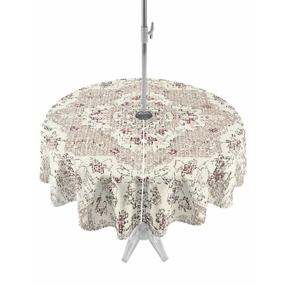 Beige Boho Outdoor Tablecloth with Umbrella Hole, Vintage Ethnic Floral Abstract Geometric Spillproof Waterproof Outdoor Table Cover, Patio Tablecloths for Party/Garden/Picnic, Round 60 inch