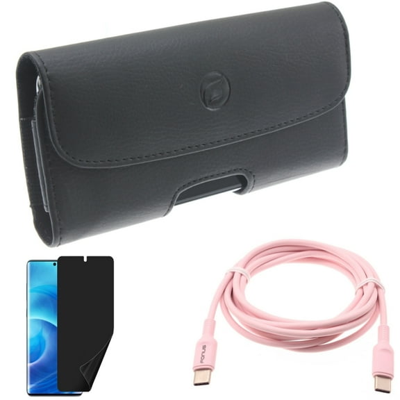 Privacy Screen Protector w Pink 6ft Long Cable w Case Belt Clip for Samsung Galaxy S20 - TPU Film [NOT GLASS], USB-C to Type-C PD Fast Charger, Leather Holster Z9P fits Samsung Galaxy S20 Model