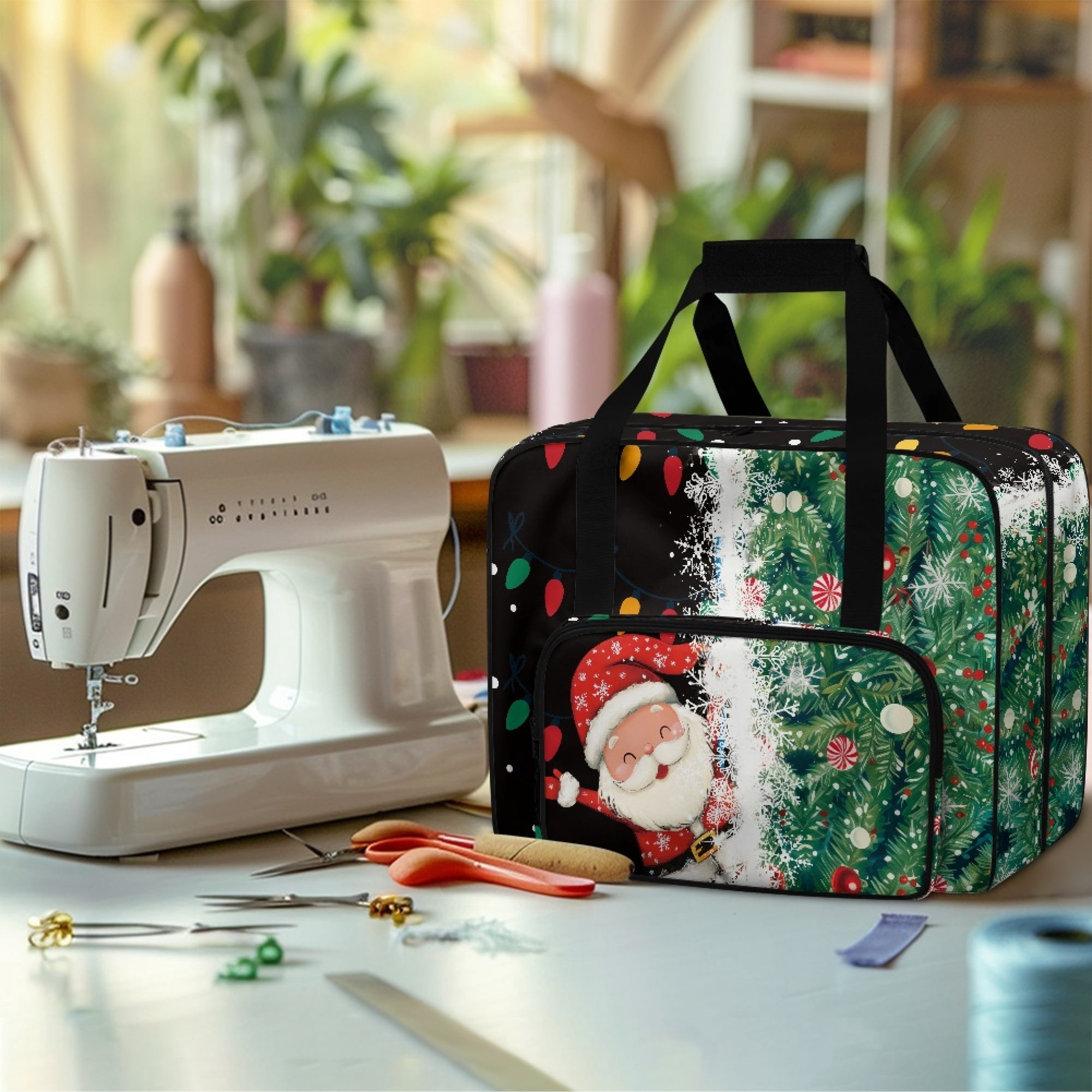 ZIATUBLE Christmas Santa Claus Portable Cover Tote Bag Snowflakes Sewing Machine Totes and Bags with 4 Bottom Rubber Pads Sewing Machine Cabinets and Storage Organizer for Travel