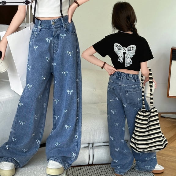 UACY Boys Girls Barrel Leg Baggy Jeans Wide Leg Vintage Denim Pants High Elastic Waist Y2K Loose Cargo Casual Trousers (Blue, 8-9 Years)