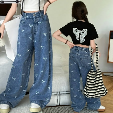 UACY Boys Girls Barrel Leg Baggy Jeans Wide Leg Vintage Denim Pants High Elastic Waist Y2K Loose Cargo Casual Trousers (Blue 13-14 Years)