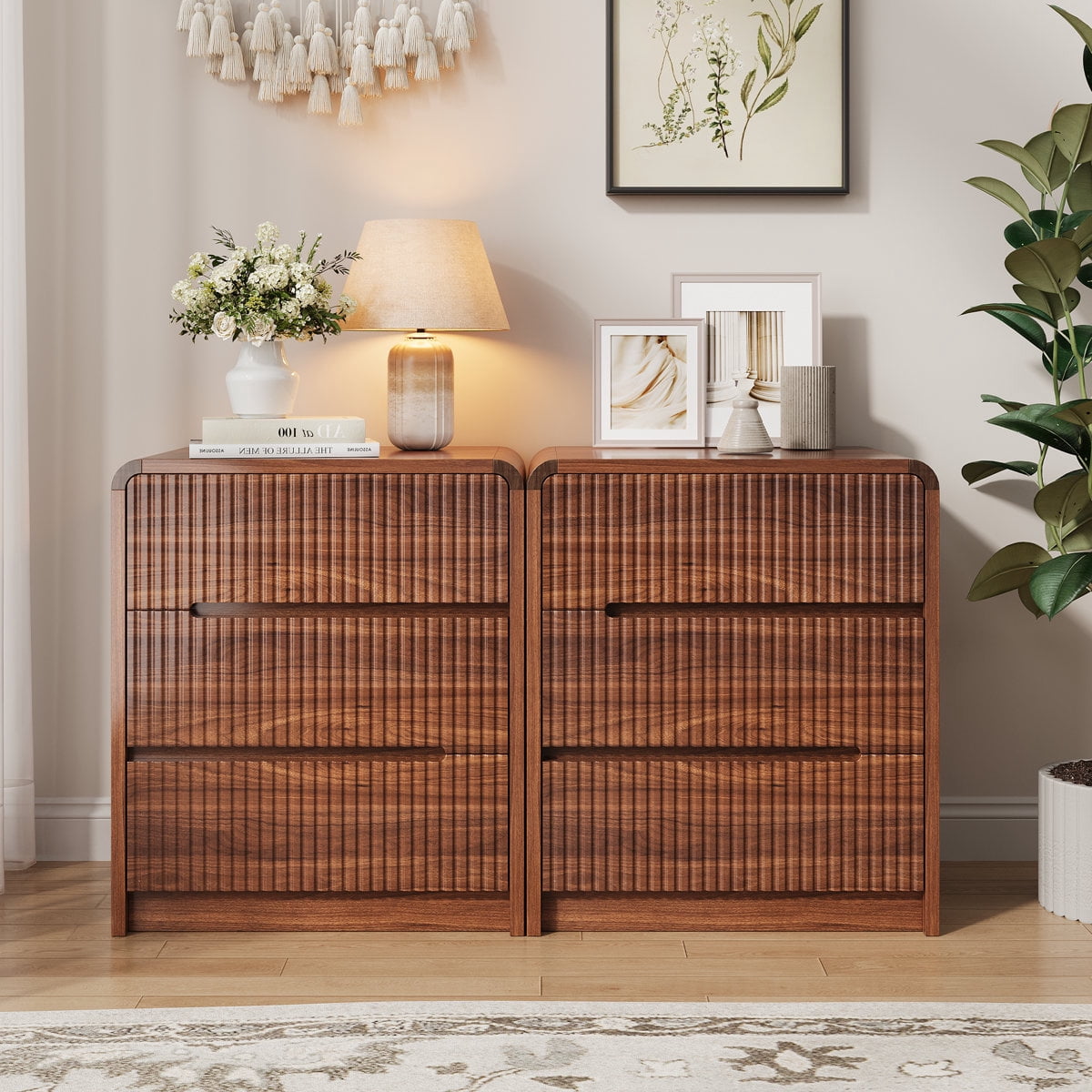 Fluted Dresser for Bedroom, 3 Drawer Dressers for Closet Small Wood Dresser Modern TV Stand, Wooden Clothes Storage Organizer Chest of Drawers for Living Room Hallway Entryway