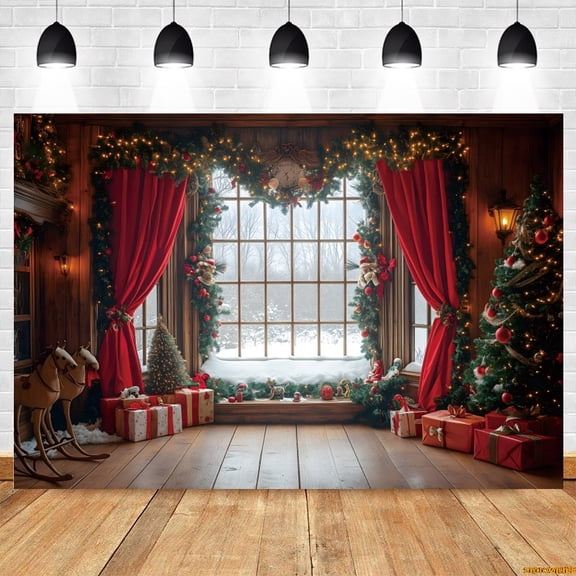 Christmas Window Red Curtain Backdrop Xmas Tree Toys Gifts Box Baby Kids Portrait Family Christmas Party Photography Background