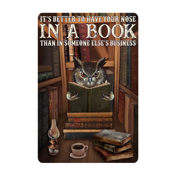 Size: 8" x 12" Vintage Reading Owl Art Print Poster Wall Decor Retro Tin Sign Bar Metal Sign Coffee Shop PlaqueMetal Tin Sign