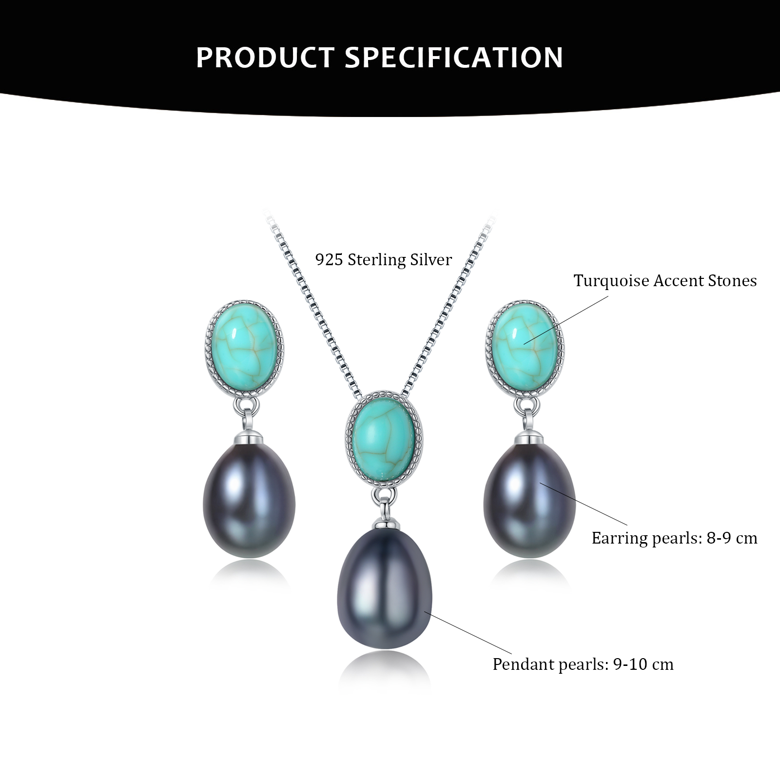 BAMIKI 9-10mm Black Pearl Necklace and 8-9mm Earrings Set 925 Sterling Silver Jewelry Gift for Women
