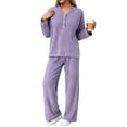 thumbnail image 6 of felwors Women 2 Piece Pajamas Sets Long Sleeve Casual Ribbed Lounge Set Fall Pj V Neck Loungewear Outfit Purple, XL, 6 of 8