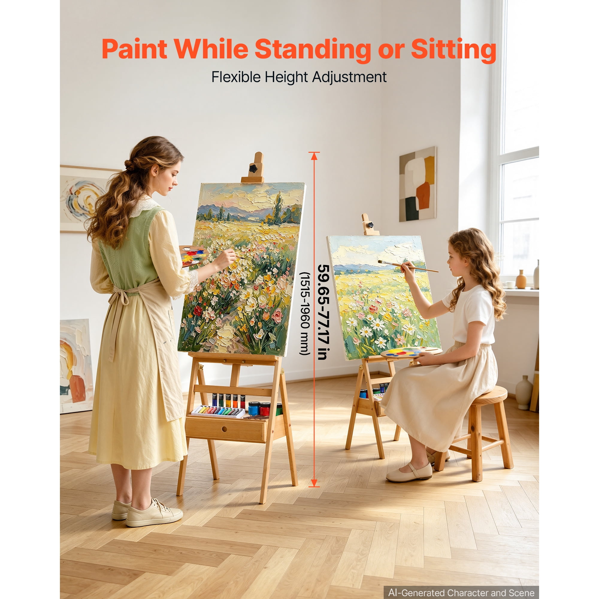 KFFKFF Studio H-Frame Easel with Adjustable Height, Holds Canvas Up to 35.83 Inches, Solid Beech Wood Construction, Versatile Art Easel with Storage Drawer, Natural Finish