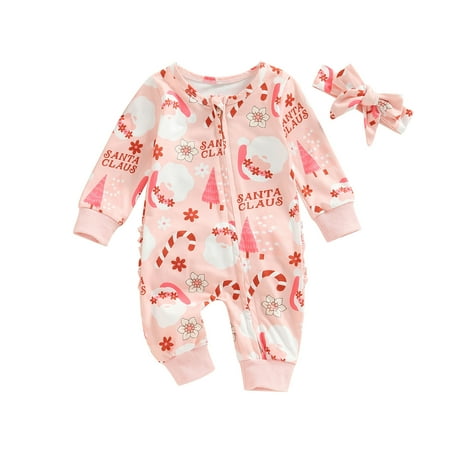 

MERSARIPHY Baby Girls Christmas Jumpsuit Long Sleeve Crew Neck Zipped Romper with Bowknot Headband