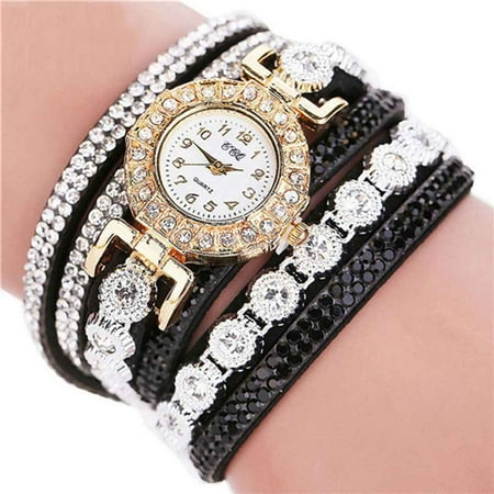 - Women Girls Rhinestone Decor Watch Bracelet Quartz Round Shaped Watches Wristwatch