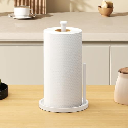 Paper Towel Holder Countertop, Standing Paper Roll Holder with Anti Slip Weighted Base, Stainless Steel Freestanding Paper Towel Holder for Kitchen, White