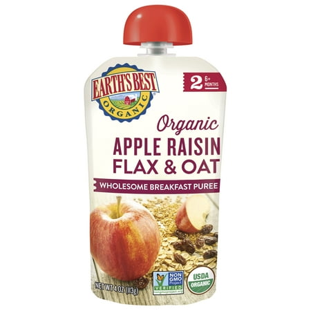 Earth's Best Organic Stage 2, Apple Raisin Flax & Oat, 4.2 Ounce Pouch (Pack of 6)