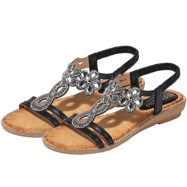 Sandalias planas con punta abierta para mujer, sandalias con diamantes de imitación, correa elástica para fiestas y vacaciones